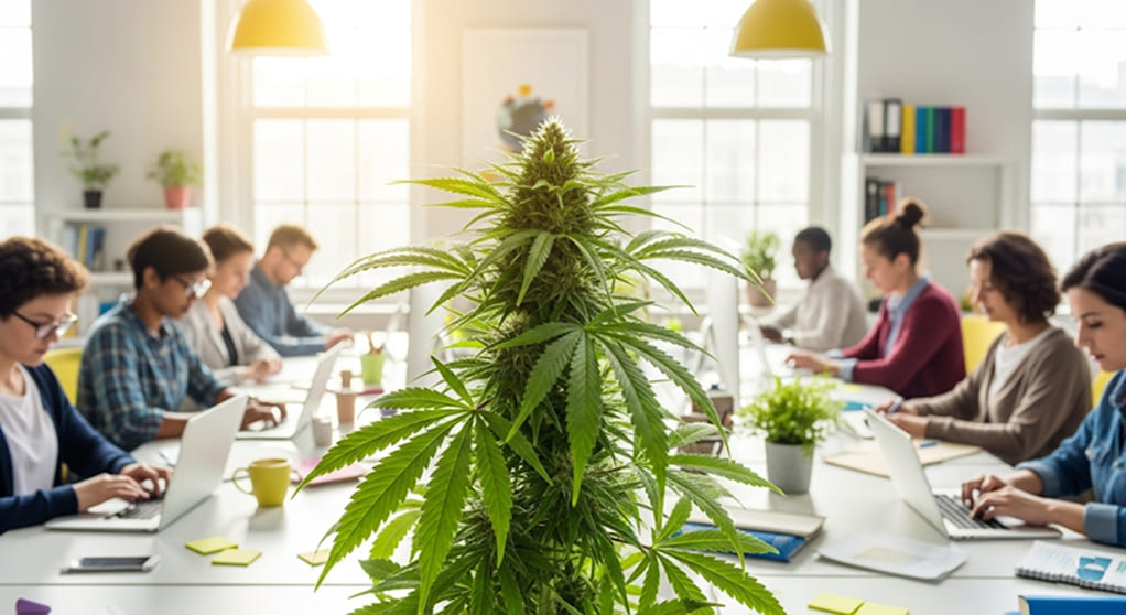 Cannabis plant in a modern office.