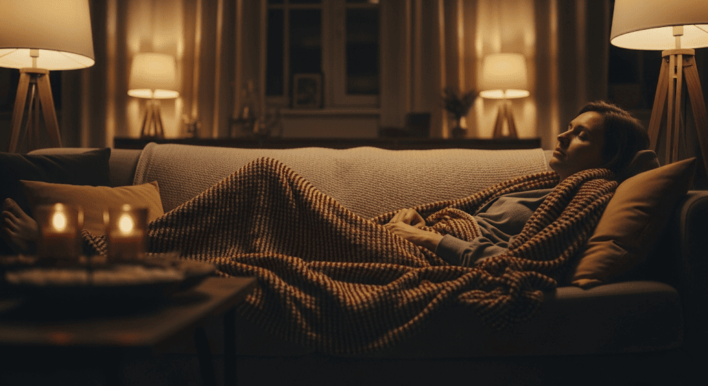 A photorealistic 16:9 image showing a person deeply relaxed on a soft, plush sofa. Warm, inviting lighting fills the scene from nearby lamps, creating a cozy and comfortable atmosphere.