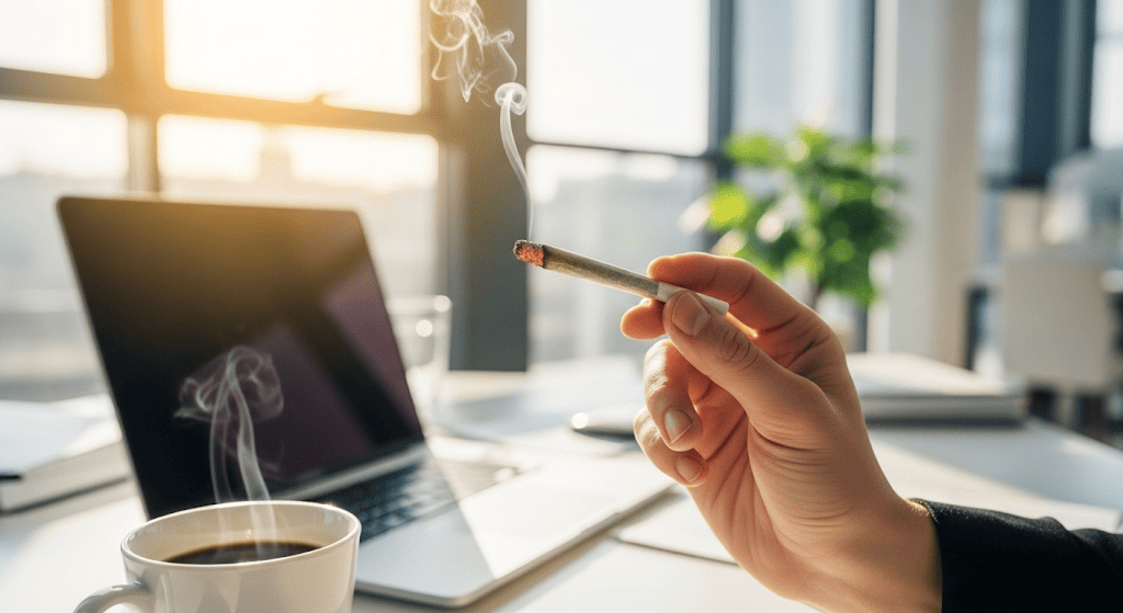 A person's hand holding a cannabis joint against a blurred background of a sunlit, modern workspace with a laptop and a cup of coffee, depicting an energized start to the day with limonene-rich strains.