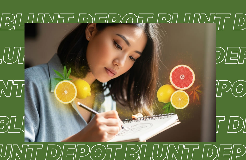 A person sketching or writing in a notebook, with a faint, almost translucent aura of vibrant citrus scents emanating around them, symbolizing enhanced focus and creativity from limonene-rich cannabis.