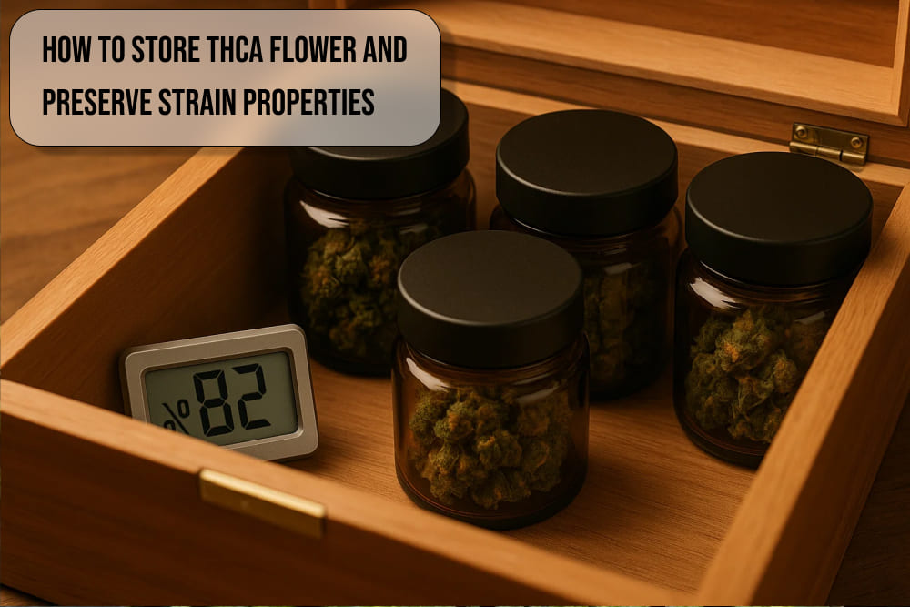 THCA buds with visible trichomes and storage accessories