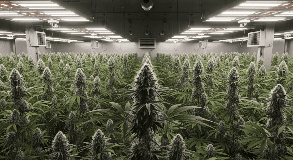 Large indoor cannabis grow operation with rows of lush plants under bright lights.