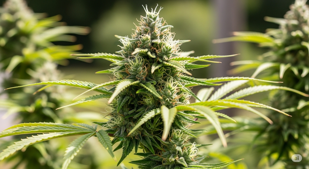 A vibrant outdoor cannabis plant in early flowering stage with visible frosty trichomes.