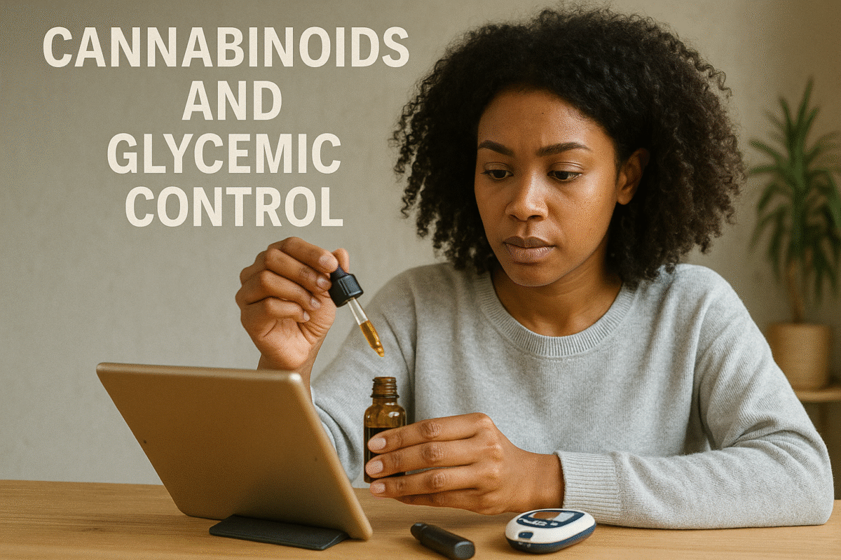 Young woman using cannabinoid oil while checking her blood glucose levels with a glucometer