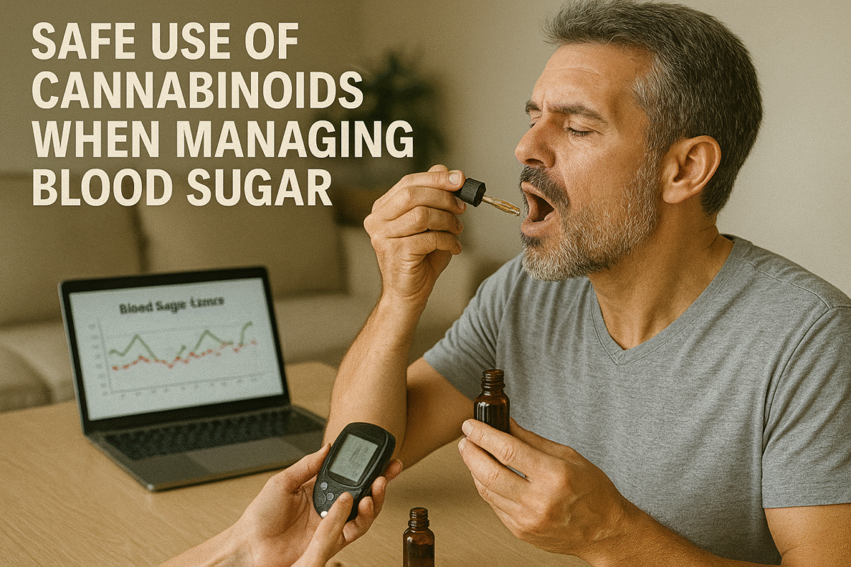 Middle-aged man using CBD drops with a glucose chart visible on his laptop screen