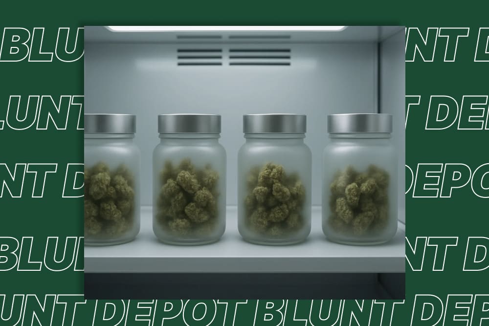 Frosted glass jars of THCA flower in a temperature-controlled cabinet