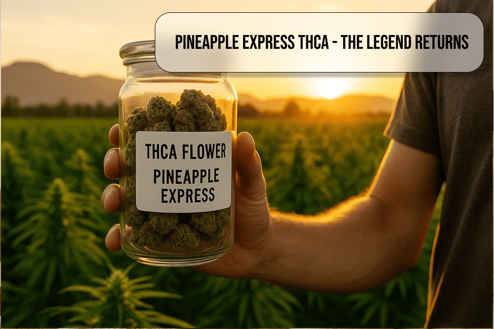Person holding a jar of Pineapple Express THCA flower in a sunlit field