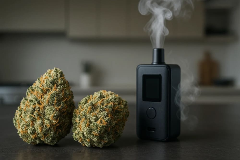 Pineapple Express THCA flower next to a vaporizer with light vapor