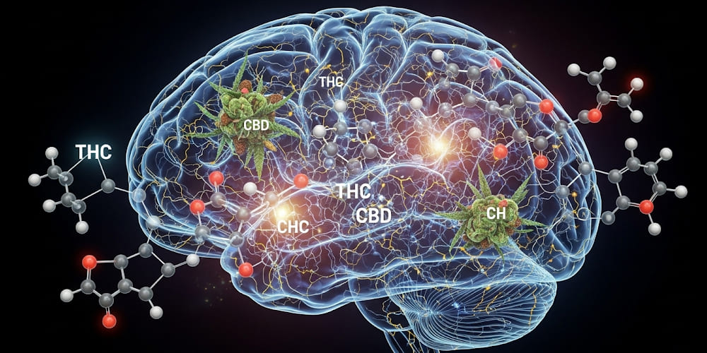 Illustration of the human brain with glowing neural networks, showing molecular structures of THC, CBD, and CHC interacting with brain receptors. Cannabis plant elements are also depicted within the brain.