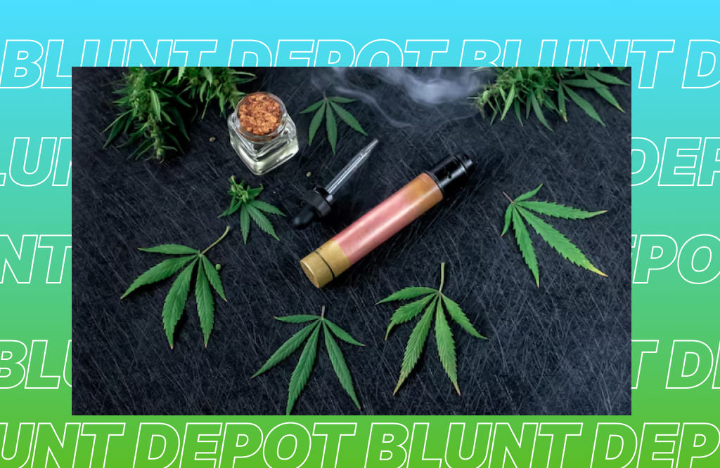 Various cannabis items, including leaves, a vape pen, and oil, arranged on a dark surface.
