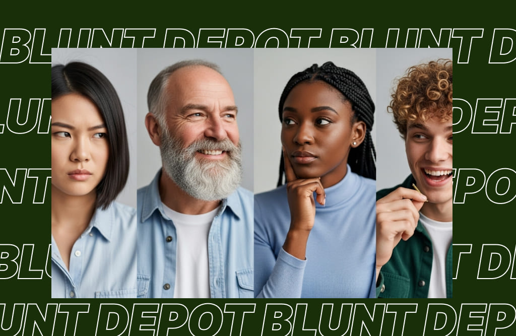 A collage of four diverse individuals' headshots, showing varied expressions: contemplative, happy, thoughtful, and expressive. The background features repeated "BLUNT DEPOT" text.