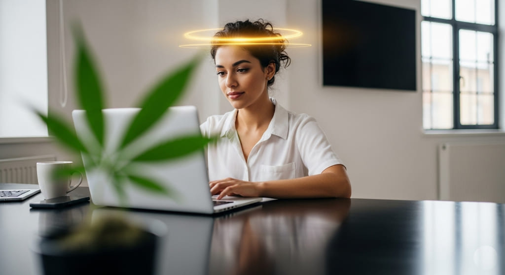 A woman working diligently on a laptop at a desk, with a soft golden halo-like glow around her head, and a blurred cannabis leaf in the foreground. A white mug is beside the laptop.