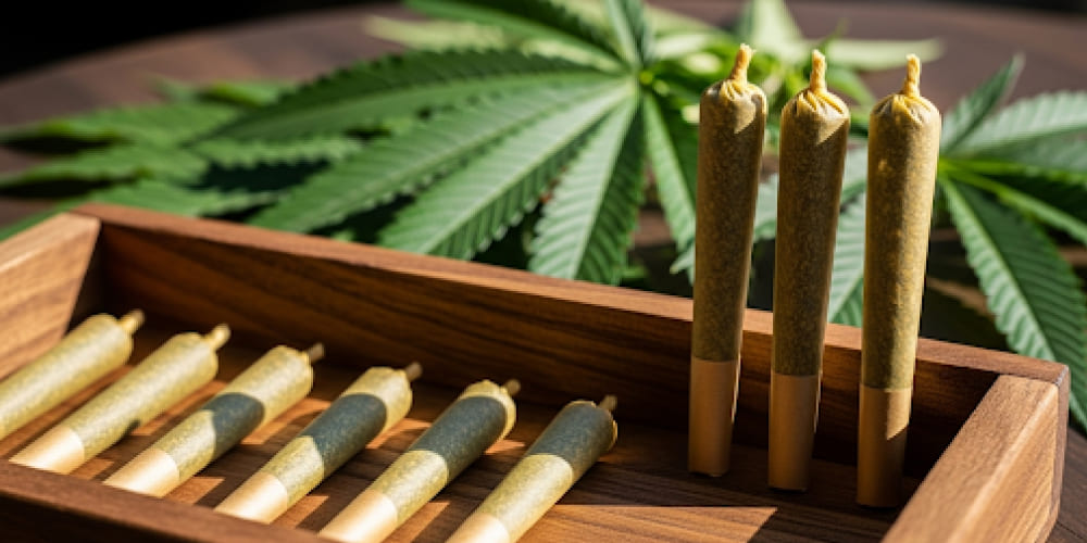 Several THCA pre-roll cannabis joints arranged on wooden tray with leaves