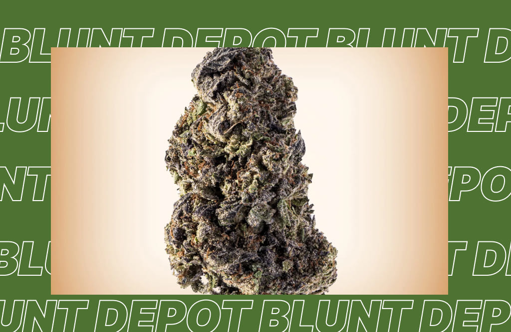 A large, dense, dark green and purple cannabis bud centered against a light orange background with repeated "BLUNT DEPOT" text in green in the border.