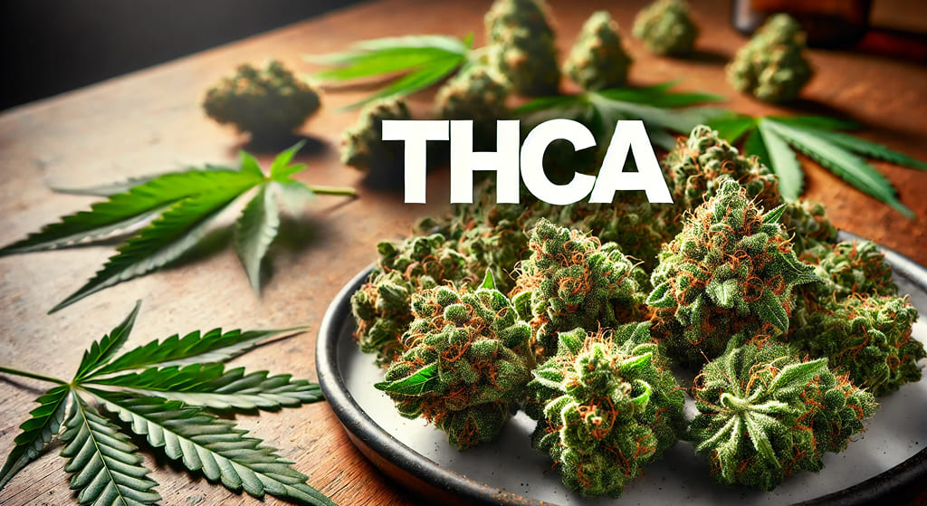 An image of numerous cannabis buds and leaves scattered on a wooden table, with the white text "THCA" placed prominently over the top.
