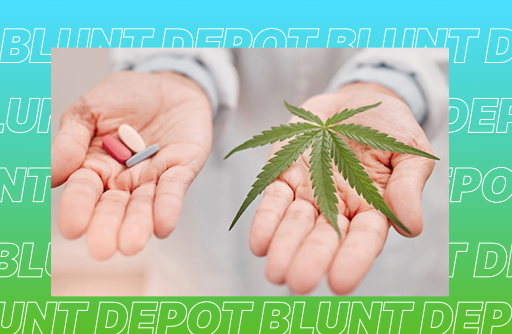 Two hands, one holding a cannabis leaf and the other holding pharmaceutical pills, set against a background with "BLUNT DEPOT" text.