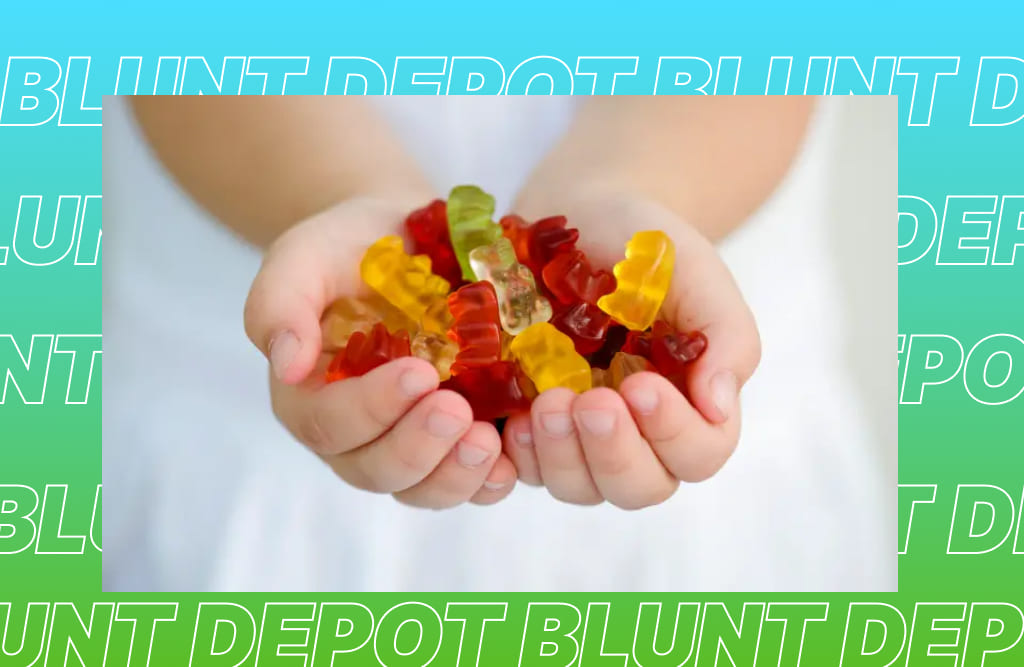 Hands gently cupping a handful of colorful gummy bears against a gradient background.