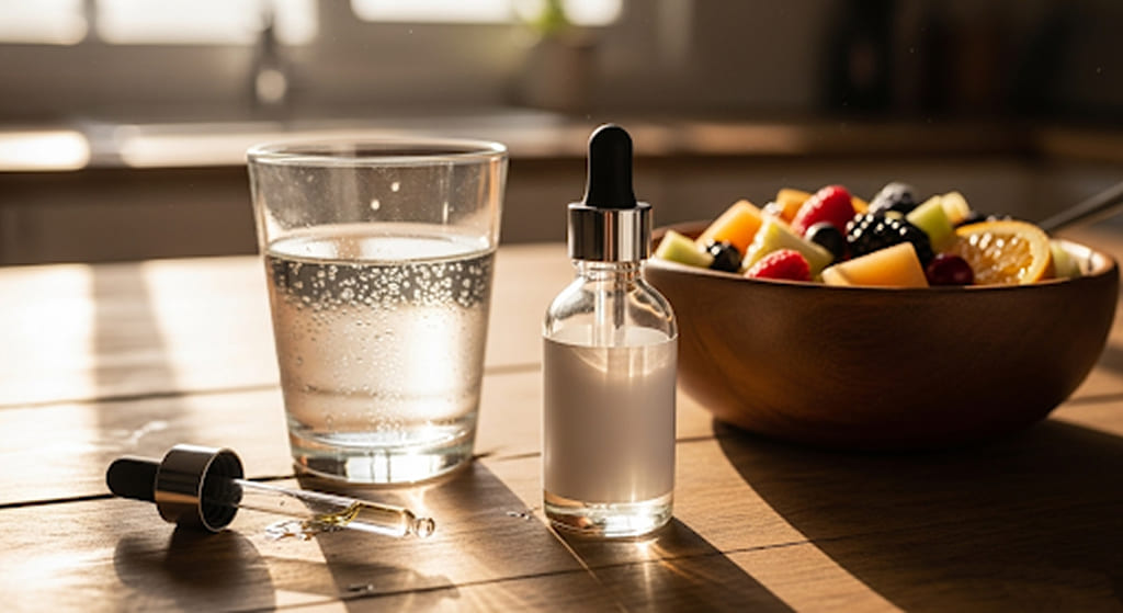 THCA tincture bottle with dropper next to a glass of water and fruit salad.