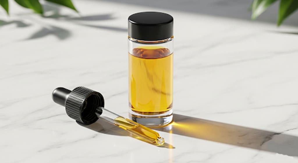 Bottle of THCA oil tincture with dropper on marble surface