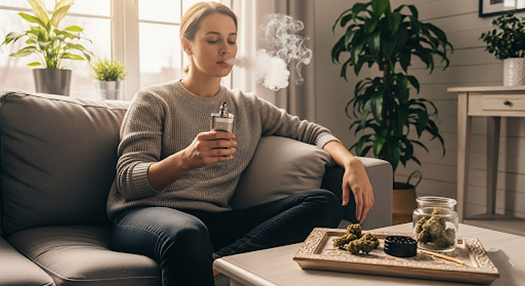 Person vaping THCA flower on a couch with morning sunlight.
