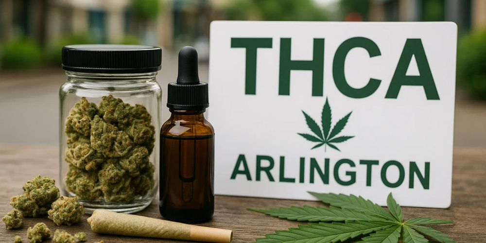 A display of THCA products including flower, a pre-roll, and tincture, with a sign for "THCA ARLINGTON" in the background.