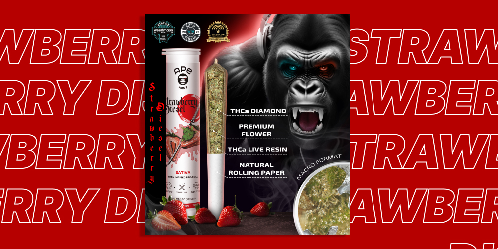 A cannabis product info graphic featuring a gorilla illustration and details about a Strawberry Diesel infused joint.