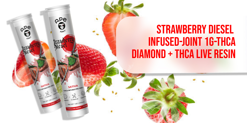 Two cannabis pre-roll packages and a separate joint with "Strawberry Diesel" branding, surrounded by strawberries.