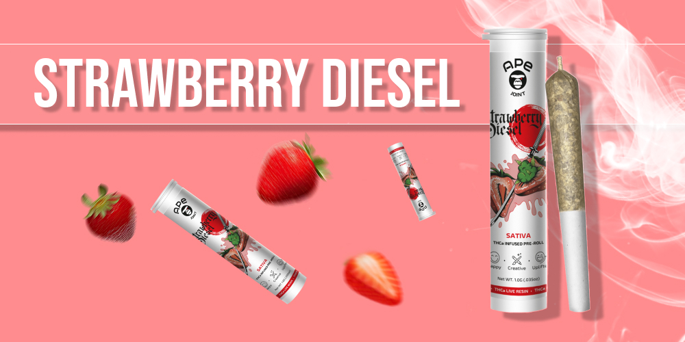 A cannabis joint and its branded packaging against a pink background with strawberries.