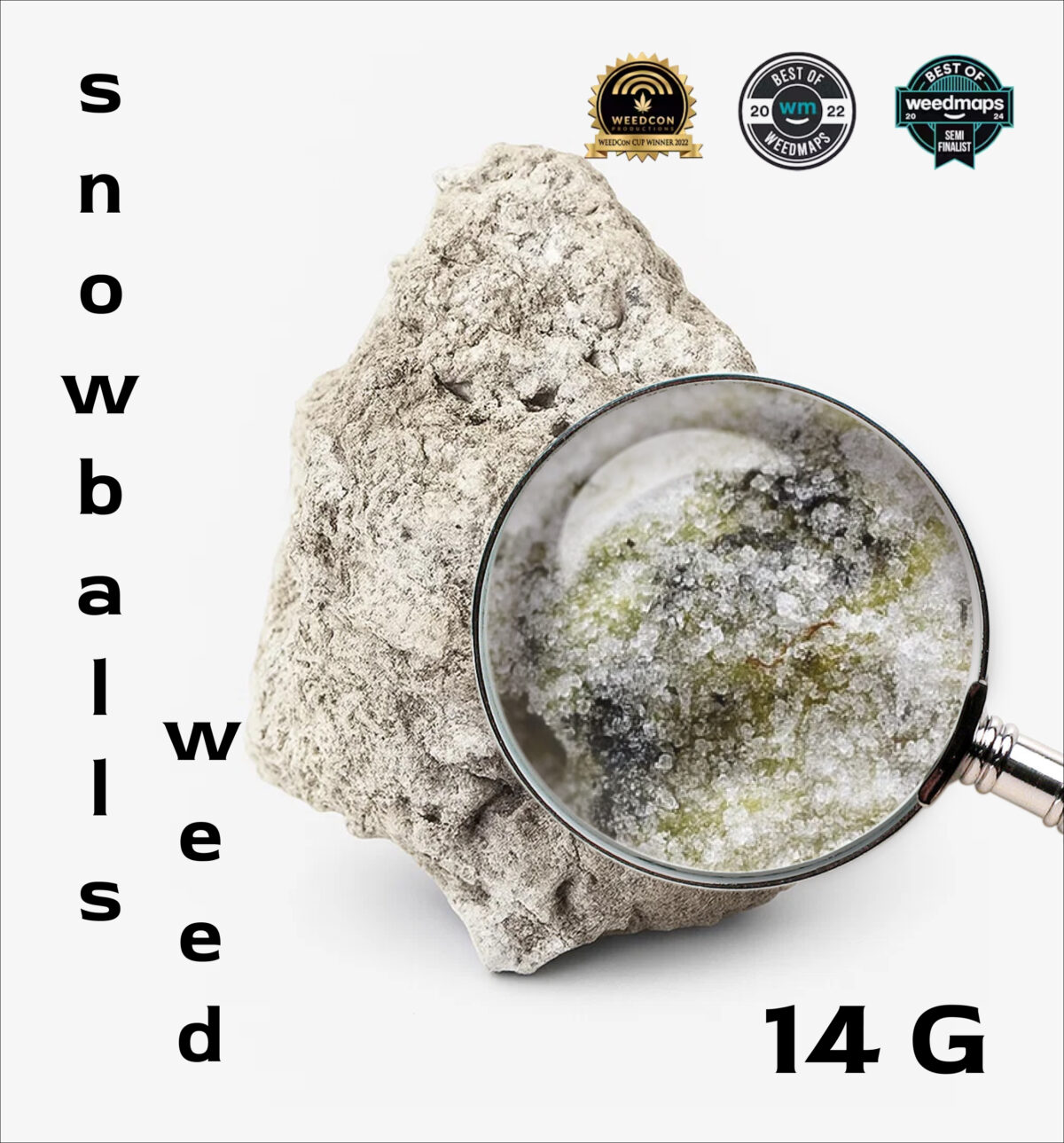 Close-up of Snowball Weed buds by APE in a 14G pack, covered in THCA crystals.