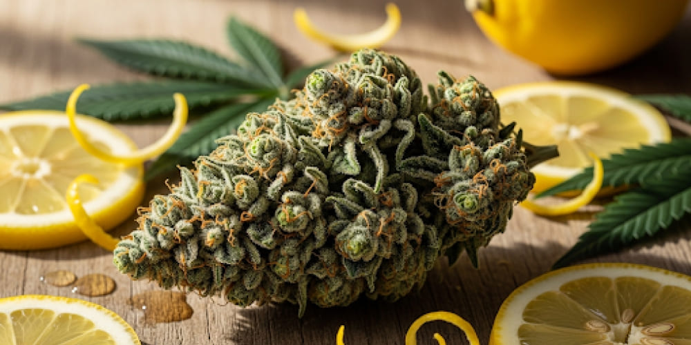A Lemon Tree cannabis bud on a wooden surface with lemon slices and green leaves nearby.