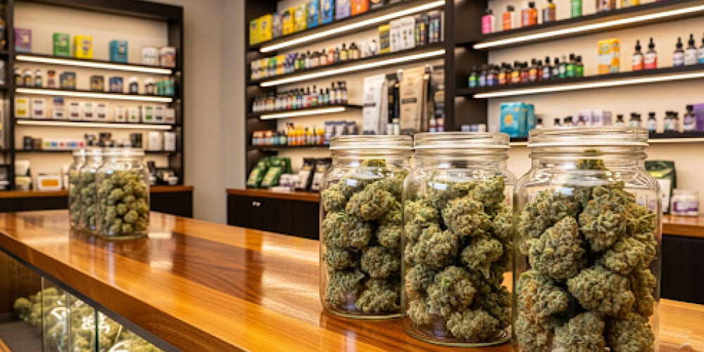 Pineapple Express cannabis buds on display in a dispensary.