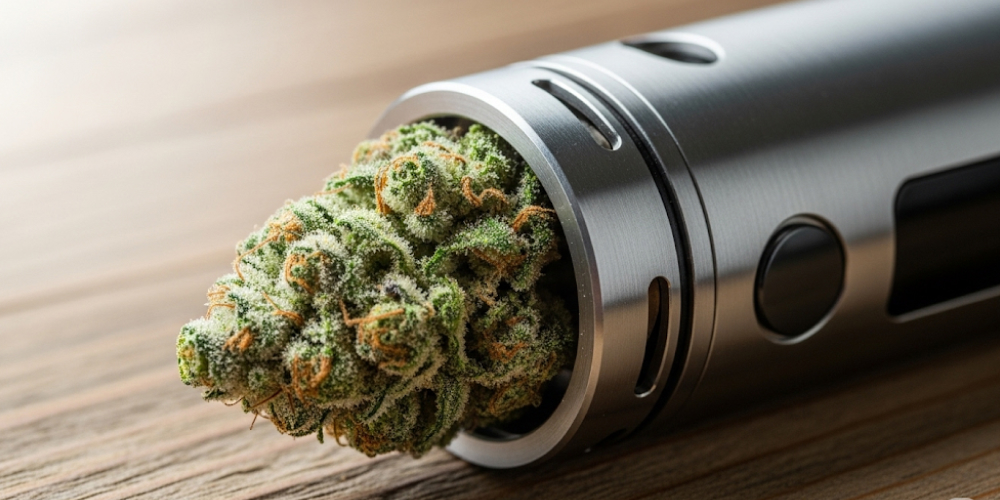 A sleek vaporizer device with Watermelon Nerdz THCA flower loaded inside, resting on a wooden table with natural light.