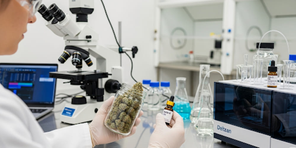 Cannabis testing lab analyzing THCA flower and Delta-8 products.
