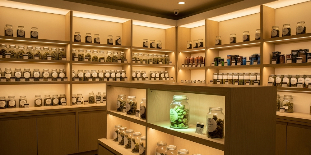 Photorealistic view of a modern cannabis dispensary with wooden shelves stocked with glass jars of cannabis.