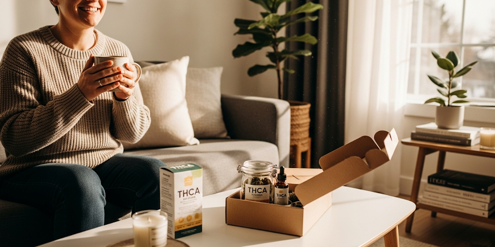 A person relaxing on a sofa with a cup of tea, next to a delivery box of THCA products.