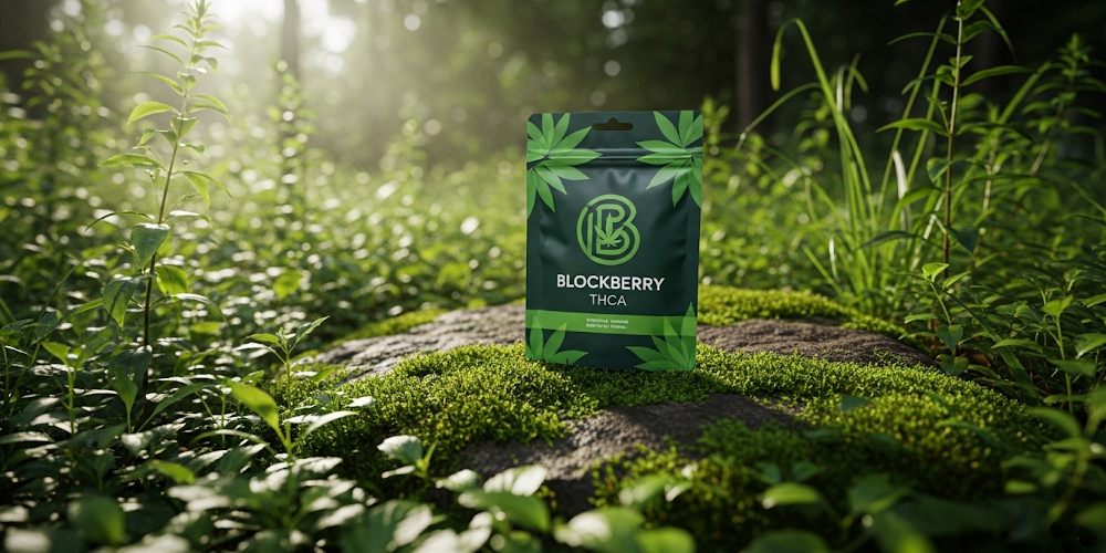 Packaged Blockberry THCA product resting on moss-covered rock in peaceful forest setting
