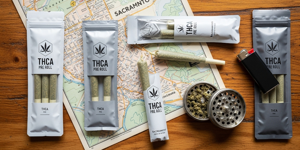 THCA pre-rolls on a wooden table with a map of Sacramento