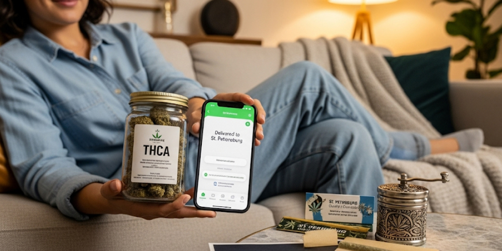 A person sitting on a couch holding a jar of THCA flower in one hand and a smartphone displaying a delivery app in the other.