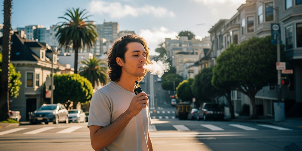A person stands on a sunny city street, exhaling a cloud of vapor from a vape pen. Palm trees and buildings line the background.