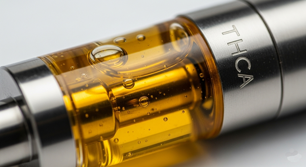 Close-up of a sleek THCA vape cartridge with golden oil inside