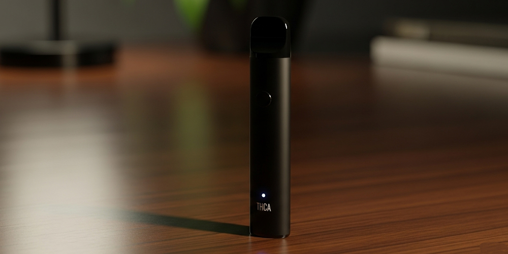 Compact THCA disposable vape pen standing upright on a wooden surface
