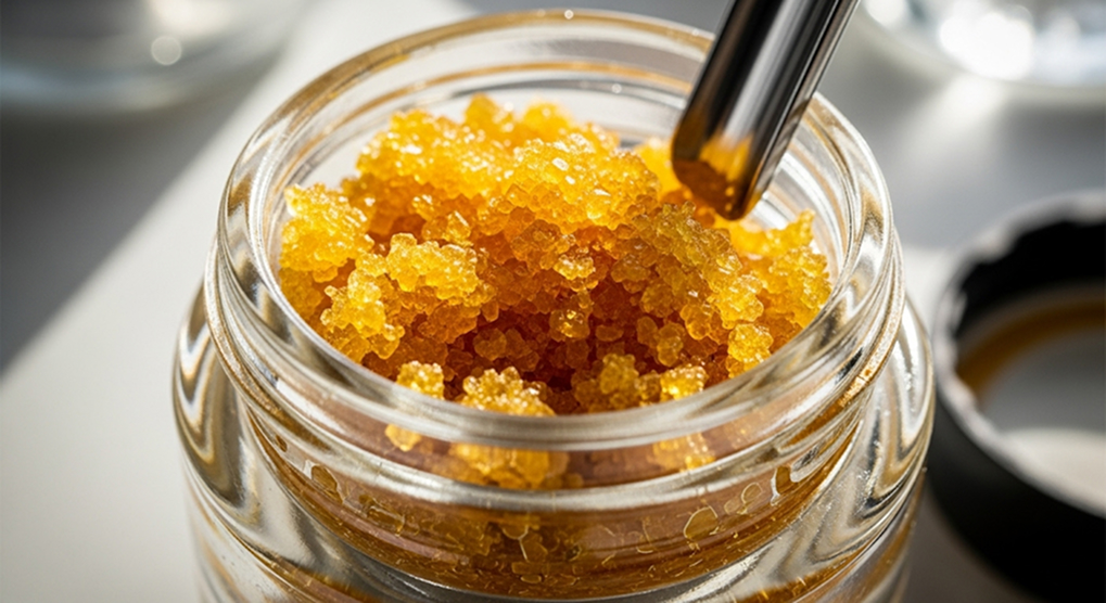 Glass jar containing vibrant THCA concentrate with rich texture