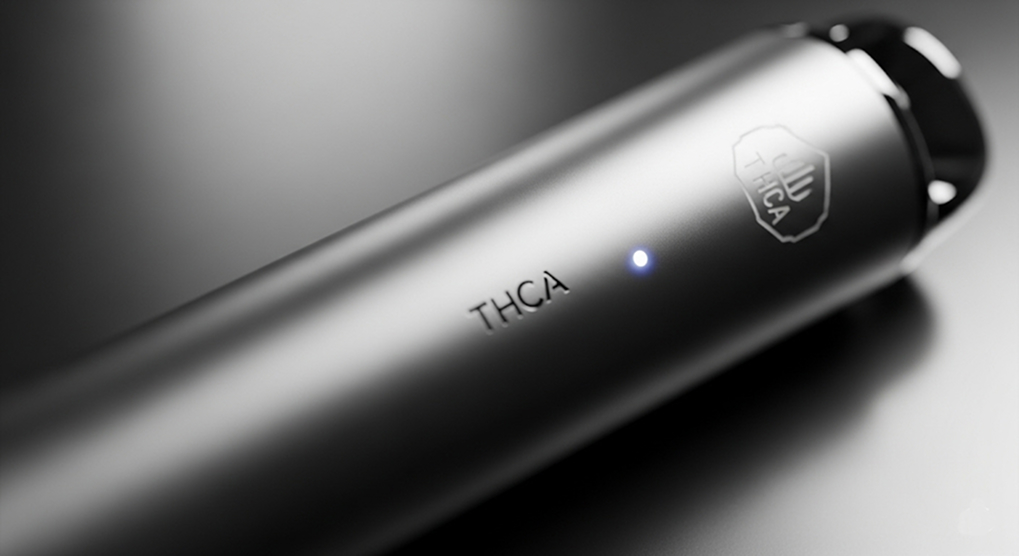 A close-up, grayscale photo of a sleek THCA vape pen with a glowing blue light. The text "THCA" and a small logo are visible on its body.