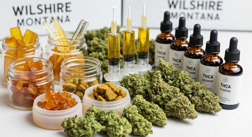 An assortment of THCA concentrates, tinctures, and raw flower ready for delivery.
