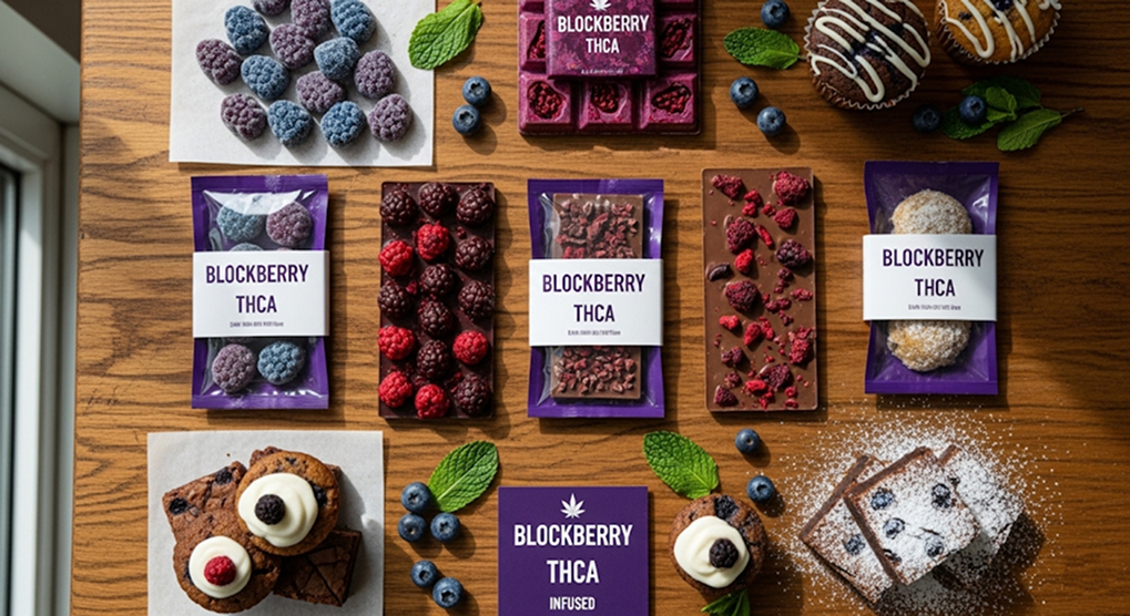 Assortment of gourmet edibles infused with Blockberry THCA arranged artfully on rustic wooden surface