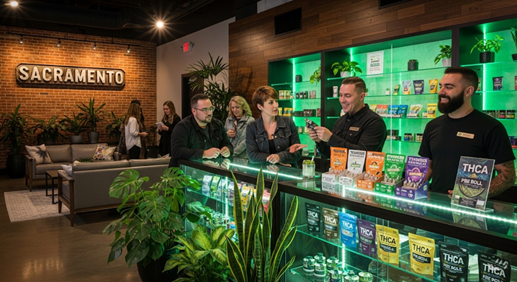 Customers shopping for THCA pre-rolls in a Sacramento lounge