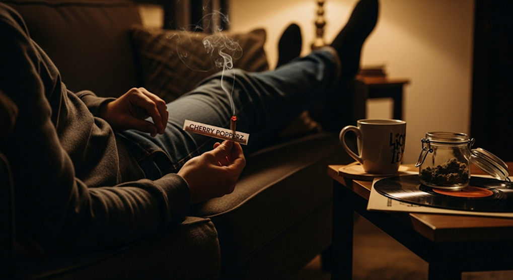 Person enjoying a Cherry Popperz joint in a cozy room