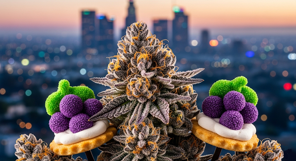 A hand holds a THCA pre-roll against a city skyline at sunset.