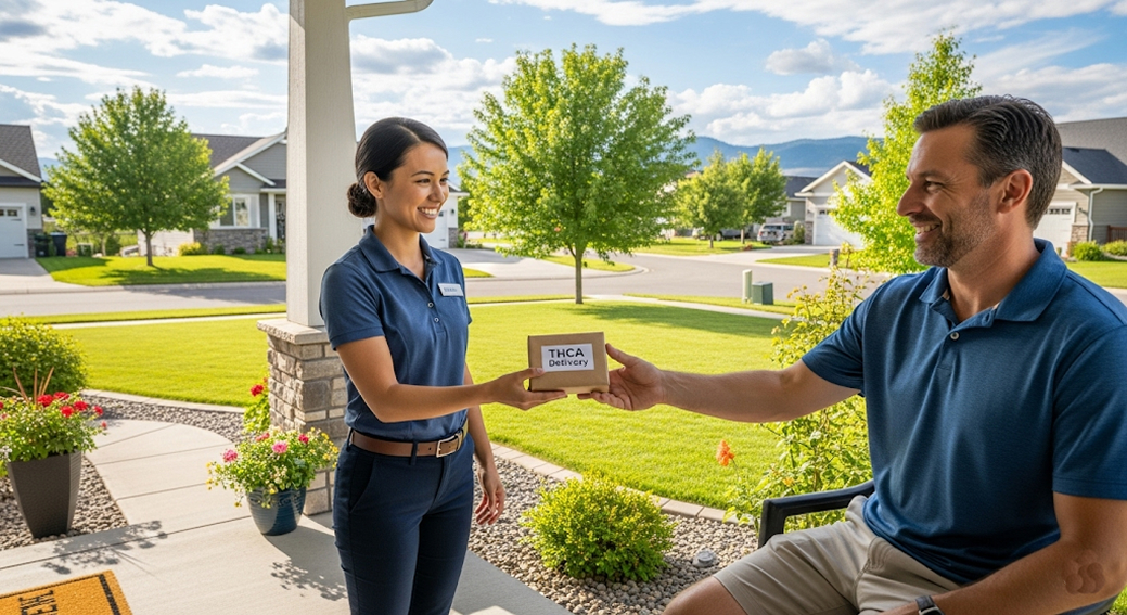 A professional female courier hands a small THCA package to a smiling male customer on a residential porch.