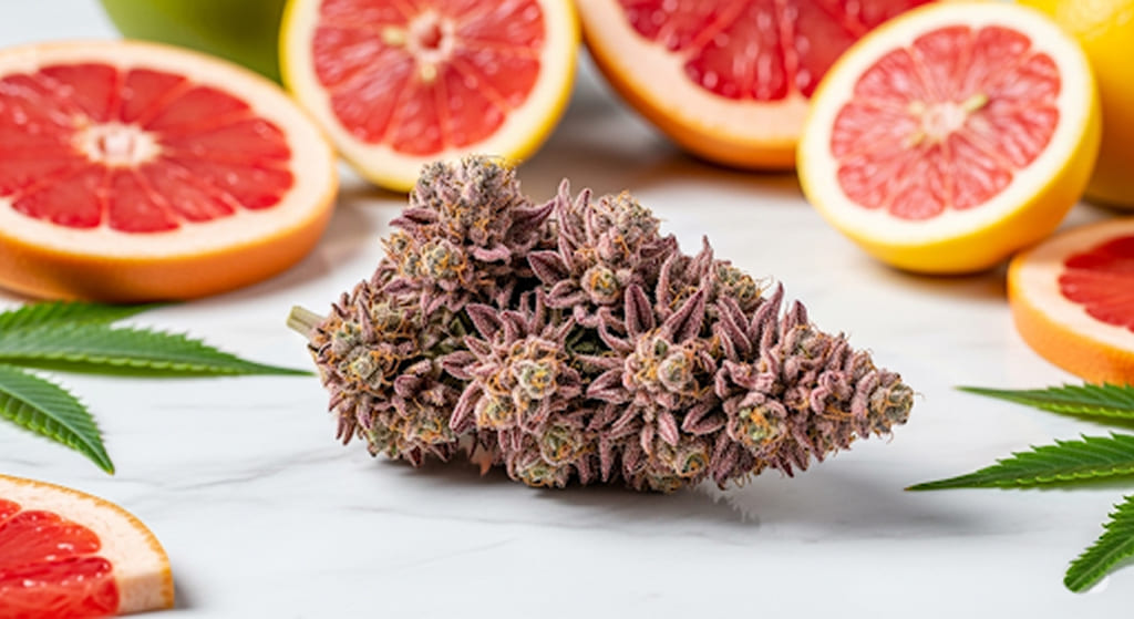 A Pink Drank cannabis bud on marble with grapefruit and pink lemon slices.